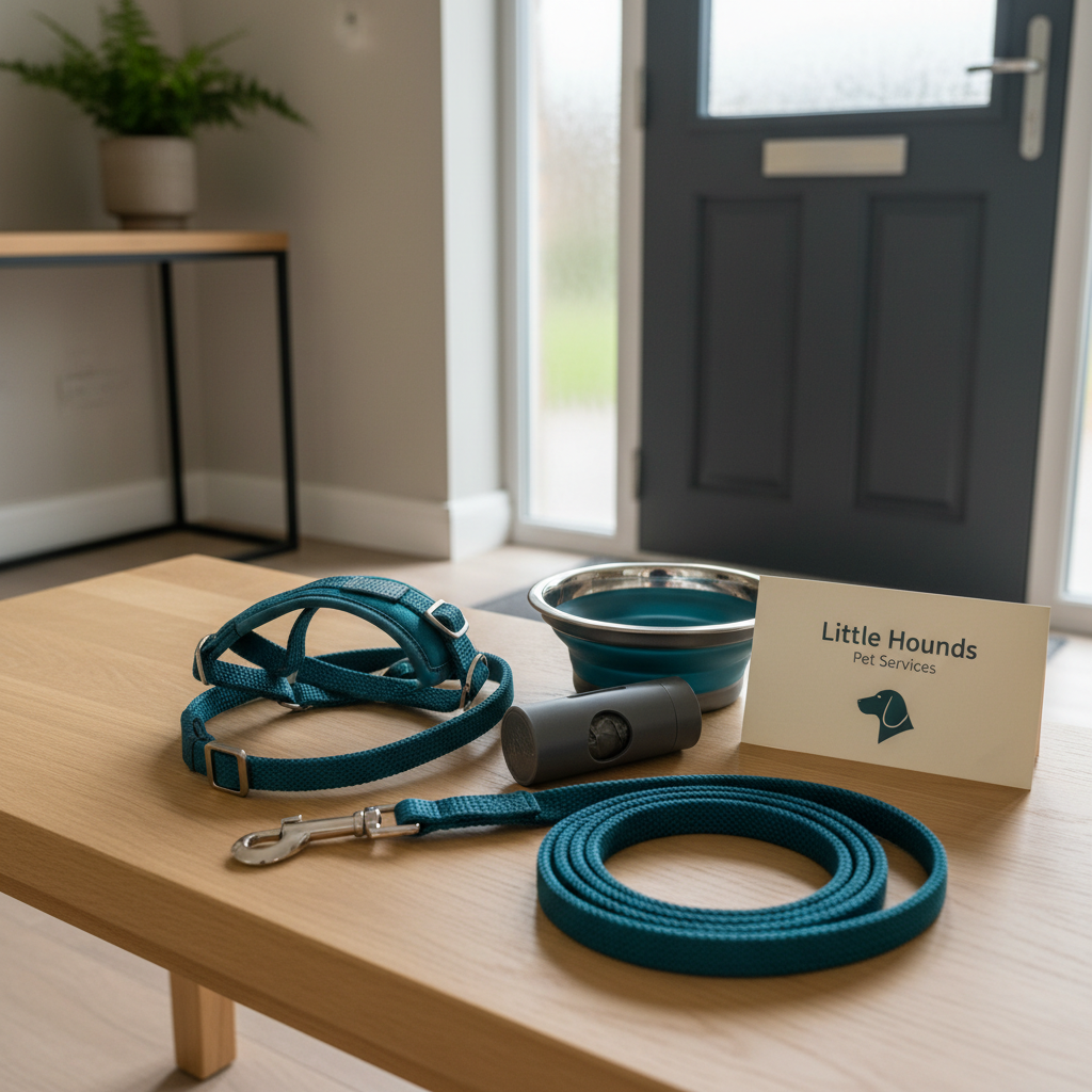 A smartly branded dog-walking setup laid out on a wooden hallway bench: a neatly coiled deep teal leash, a matching harness sized for a small dog, biodegradable poo bags in a compact dispenser, and a stainless-steel collapsible water bowl. A printed “Little Hounds Pet Services” appointment card with a simple logo featuring a hound silhouette rests beside them. The scene is set in a bright, tidy entryway of a modern UK home with neutral walls and a glimpse of a front door. Soft natural daylight from an unseen side window creates clean, gentle shadows and subtle highlights on the metal hardware. Photographic realism, shot from a slightly elevated angle with sharp focus throughout, conveying preparation, reliability, and attention to detail.
