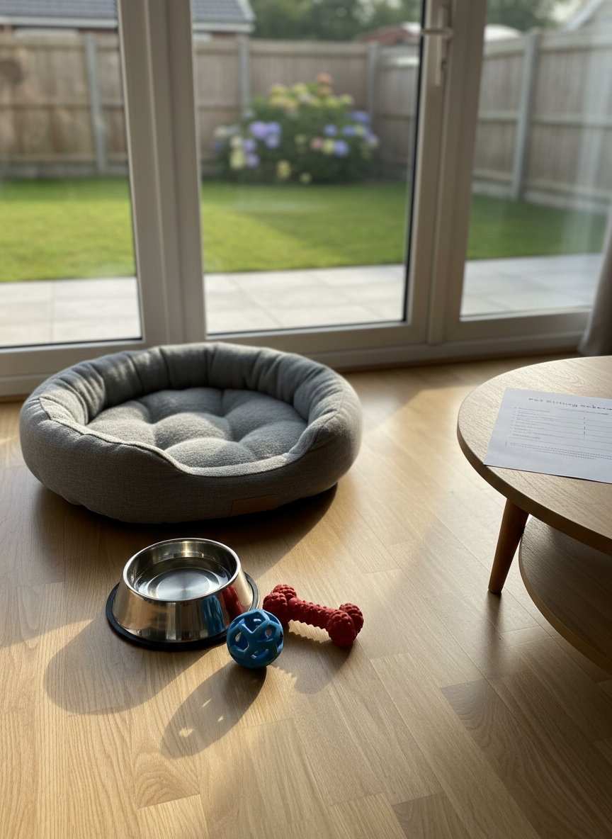 A cosy living room scene set for pet sitting: a neatly arranged dog bed with a soft grey cushion, a couple of well-loved chew toys, and a stainless-steel water bowl filled to the brim, all placed on a clean hardwood floor. In the background, a large window reveals a soft-focus view of a typical Maidstone garden with a small lawn and wooden fence. Warm late-afternoon natural light streams in, casting gentle highlights on the water surface and soft shadows from the toys. A printed note labeled “Pet Sitting Schedule” lies on a nearby low table, hinting at professional care and routine. Photographic realism, shot from a slightly elevated angle with a balanced composition and inviting, homely mood, perfect for illustrating home pet sitting services.