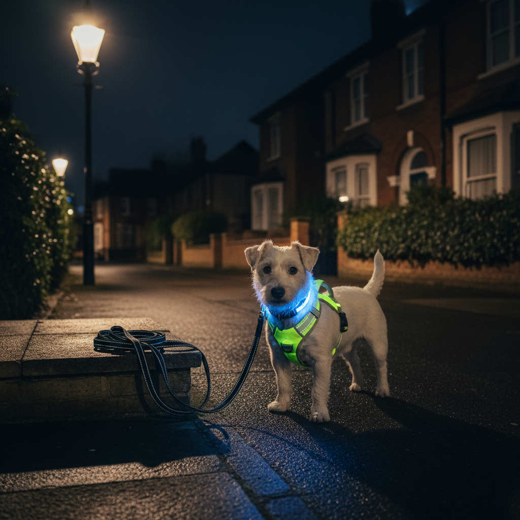 A nighttime safety-focused scene of a small terrier wearing a reflective neon harness and a glowing LED collar, standing on a quiet residential pavement in Maidstone. The terrier is next to a neatly stacked pair of reflective leads laid on a stone step. The scene is illuminated by a warm streetlamp to the left, creating gentle pools of light and soft shadows, while the reflective materials and LED collar stand out sharply against the darker surroundings. Houses with brick facades and low garden walls form a softly blurred background. Photographic realism, shot from a low angle with the terrier slightly off-center following the rule of thirds. The atmosphere feels calm, secure, and professional, highlighting evening or early morning dog walking services that prioritise visibility and safety.