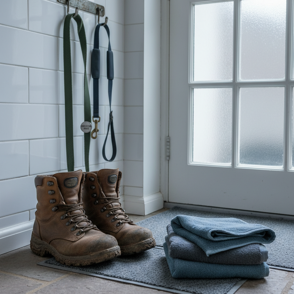 A close-up, photographic realism image of a well-used, mud-splattered pair of sturdy walking boots placed beside two neatly hung dog leads of different lengths on a simple wall hook in a small utility room. Below, a mat holds a row of dog towels folded in muted blues and greys, slightly worn but clean. The background shows white tiled walls and a hint of a back door with frosted glass. Cool, overcast daylight seeps in through the glass, creating soft, diffused lighting with subtle shadows that highlight textures of leather, fabric, and metal clasps. Shot from a slightly elevated angle with sharp focus, the composition feels authentic, practical, and hardworking, emphasising all-weather commitment to dog walking in the Maidstone area.