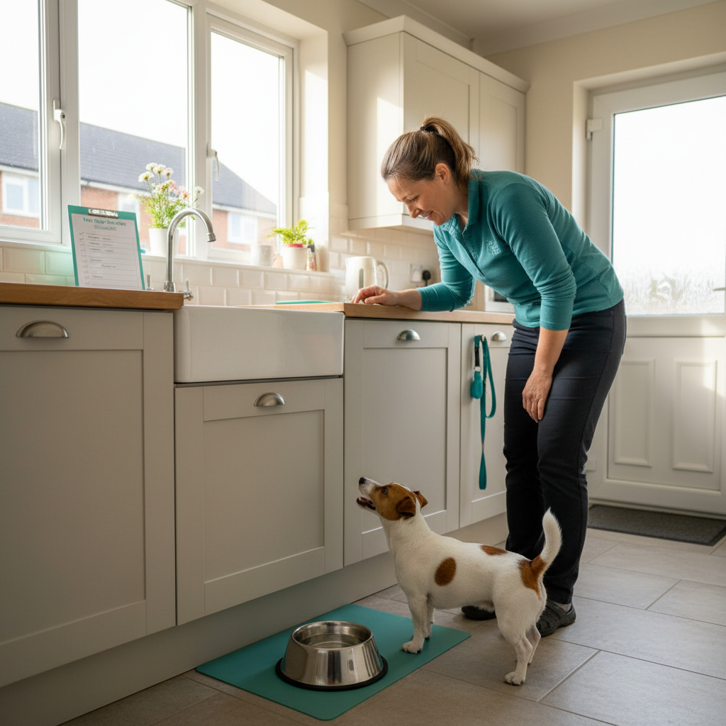 Pet Pop-Ins themed image for Little Hounds Pet Services: a bright, tidy kitchen in a typical Maidstone home, with a small dog looking up happily as a friendly pet sitter in casual, practical clothing refreshes its water bowl and checks a simple printed pop-ins checklist on the counter. Subtle Little Hounds-style details like teal-toned accessories or a discreet leash on a hook. Warm, natural daytime light, clean and homely feel, photographic realism.